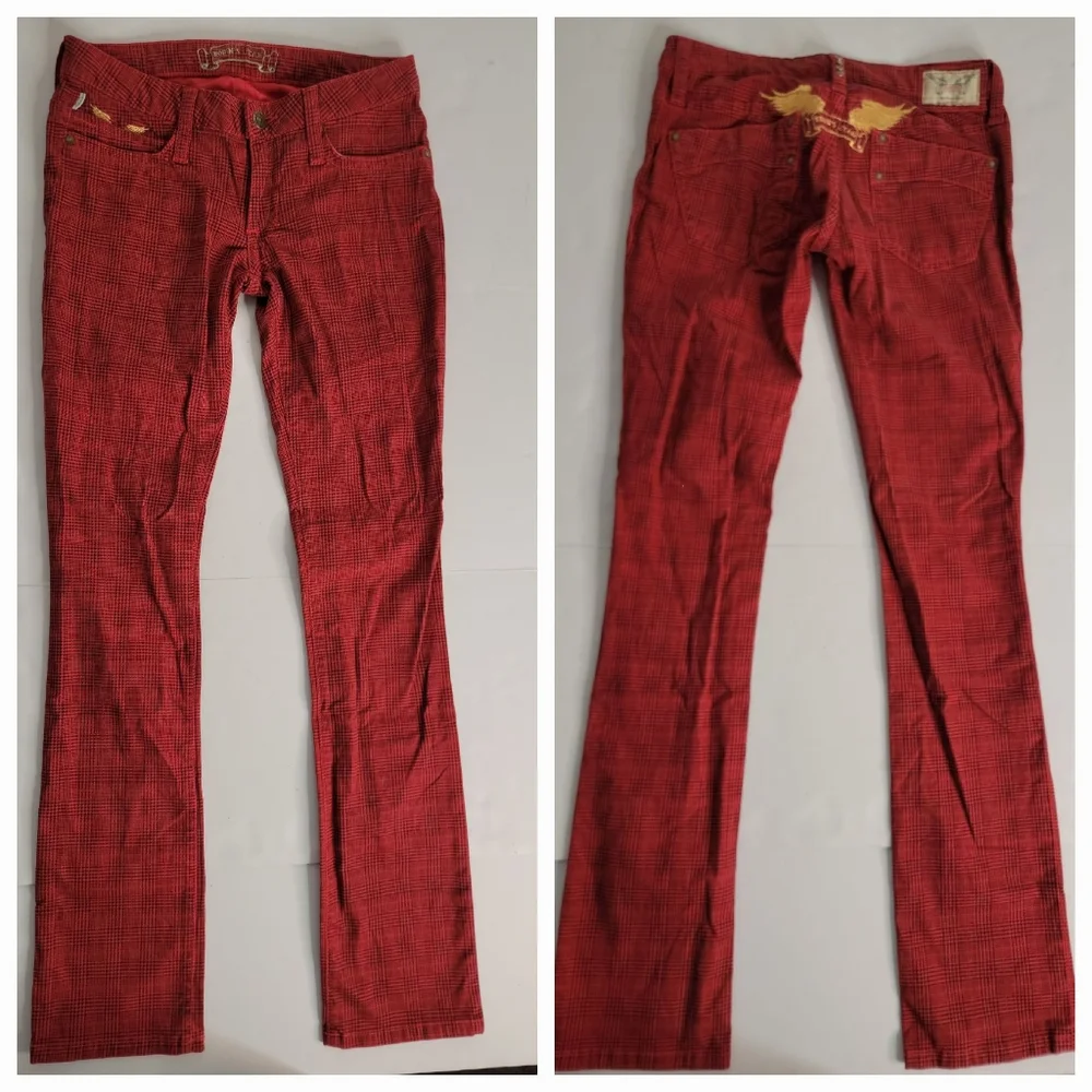 Robin's Jean's Sz 28 x 33 Jeans Marilyn Skinny Red Plaid Gold Wings Y2k 90s